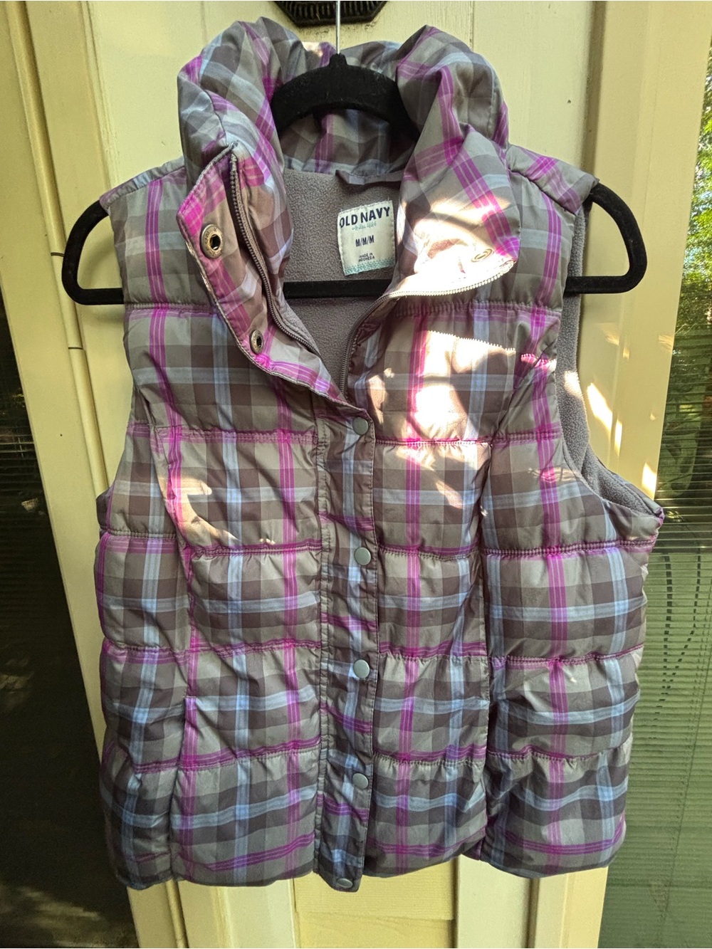 Old Navy Gray & Pink Plaid Puffer Vest